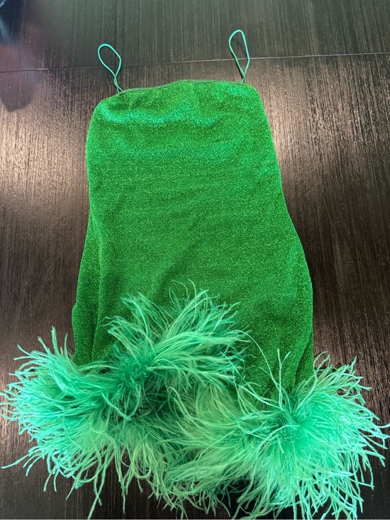 Oseree Dresses & Skirts - Oseree Emerald Green Feather-Trim Mini Dress